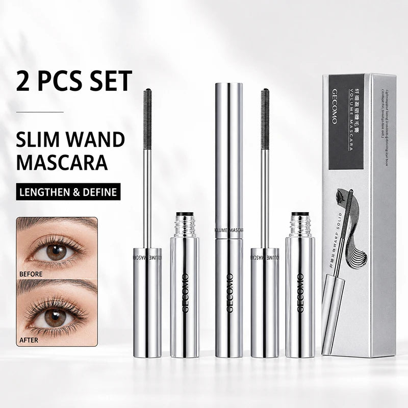 2 Pack Slim Brush Mascara, Lengthening & Defining Lash Mascara Set, Clump-Free Smudge-Resistant Eye Makeup for Daily Wear