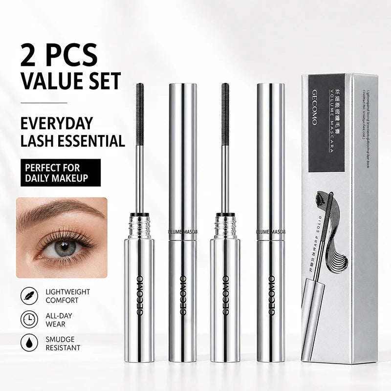 2 Pack Slim Brush Mascara, Lengthening & Defining Lash Mascara Set, Clump-Free Smudge-Resistant Eye Makeup for Daily Wear